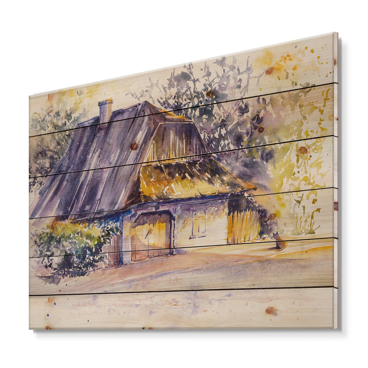 Designart - Old Wooden White House In Country Side Village - Traditional Print on Natural Pine Wood